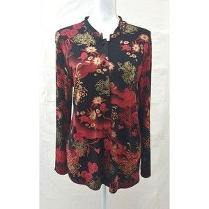 Mirasol Womens Top Medium Floral Button Front Black Red Stretch Long Sleeve